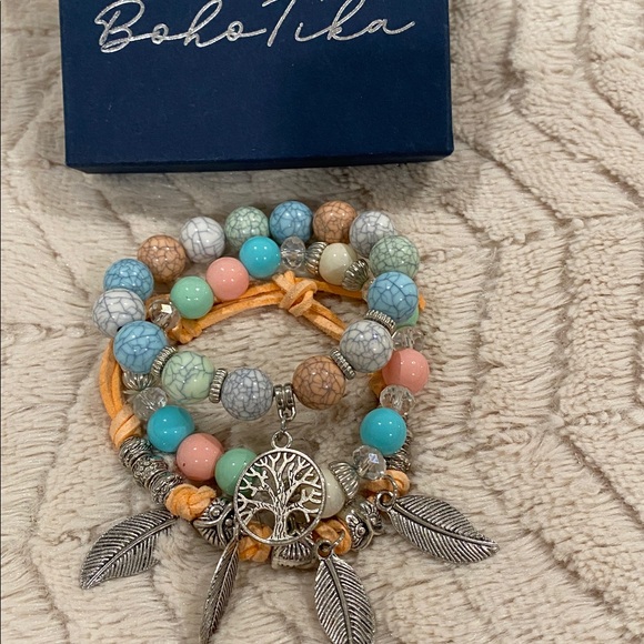 Colorful Beaded Bracelet Set with Silver Accents tree of life - Picture 4 of 4